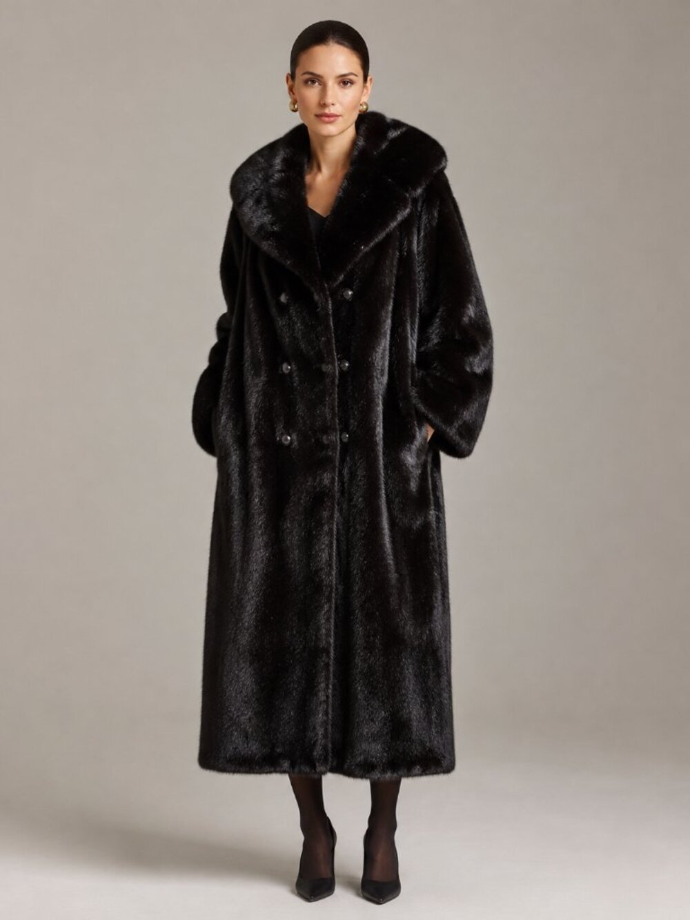 Vintage Black Genuine Mink Fur Full Length Double Breasted Coat Size L/XL
